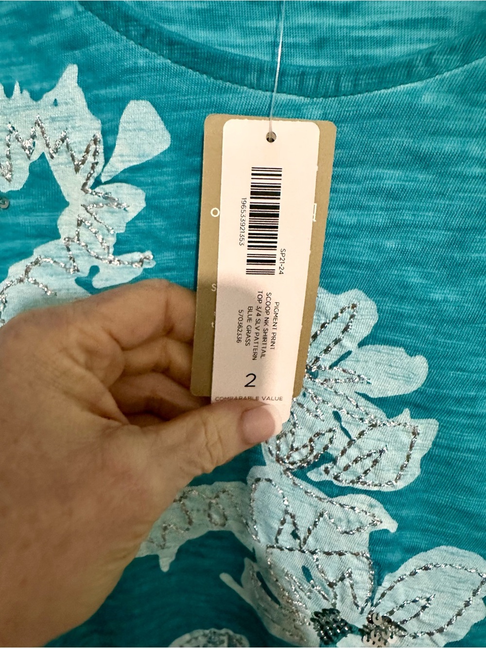 Chico's Teal Blue Floral Scoop Neck Long Sleeve Top - Picture 4 of 10